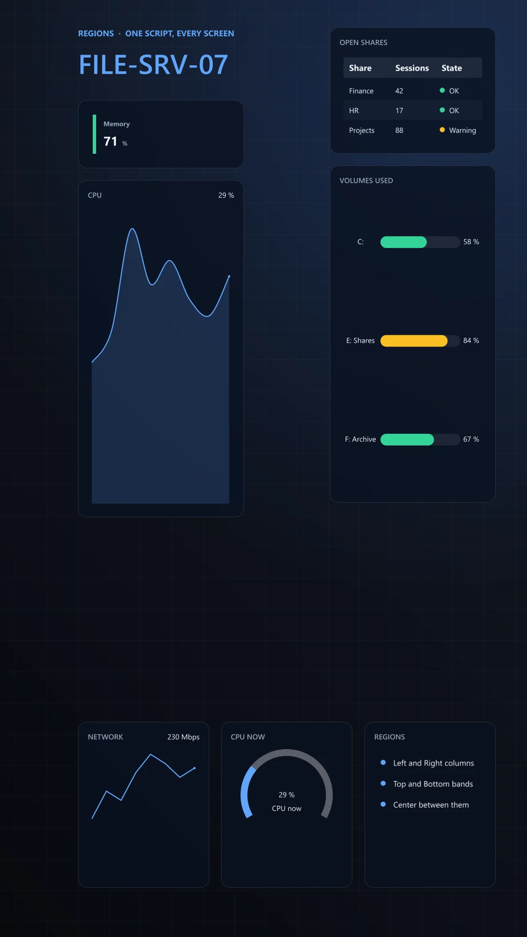 The regions example for FILE-SRV-07 at 1080 x 1920: a left column with a memory card and a CPU chart, a right column with a shares table and volume bars, and a bottom band with network, a CPU gauge and a list. Dark theme.