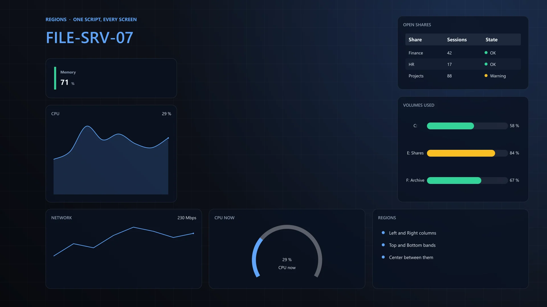 The regions example for FILE-SRV-07 at 1920 x 1080: a left column with a memory card and a CPU chart, a right column with a shares table and volume bars, and a bottom band with network, a CPU gauge and a list. Dark theme.
