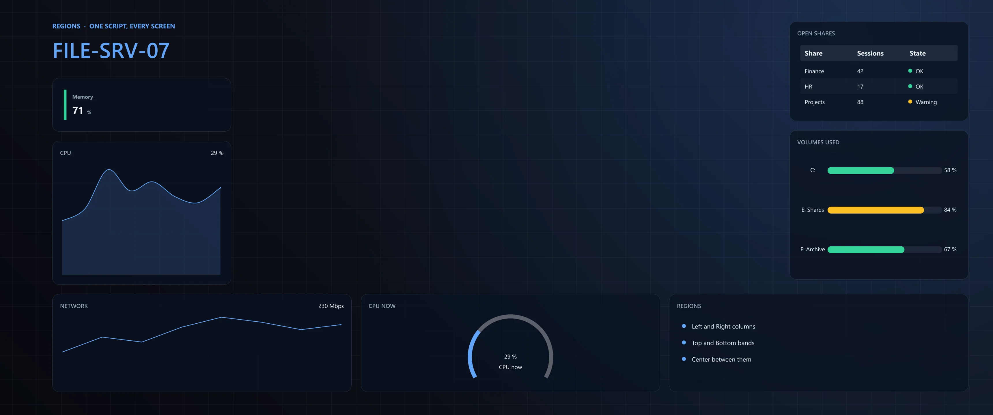 The regions example for FILE-SRV-07 at 3440 x 1440: a left column with a memory card and a CPU chart, a right column with a shares table and volume bars, and a bottom band with network, a CPU gauge and a list. Dark theme.
