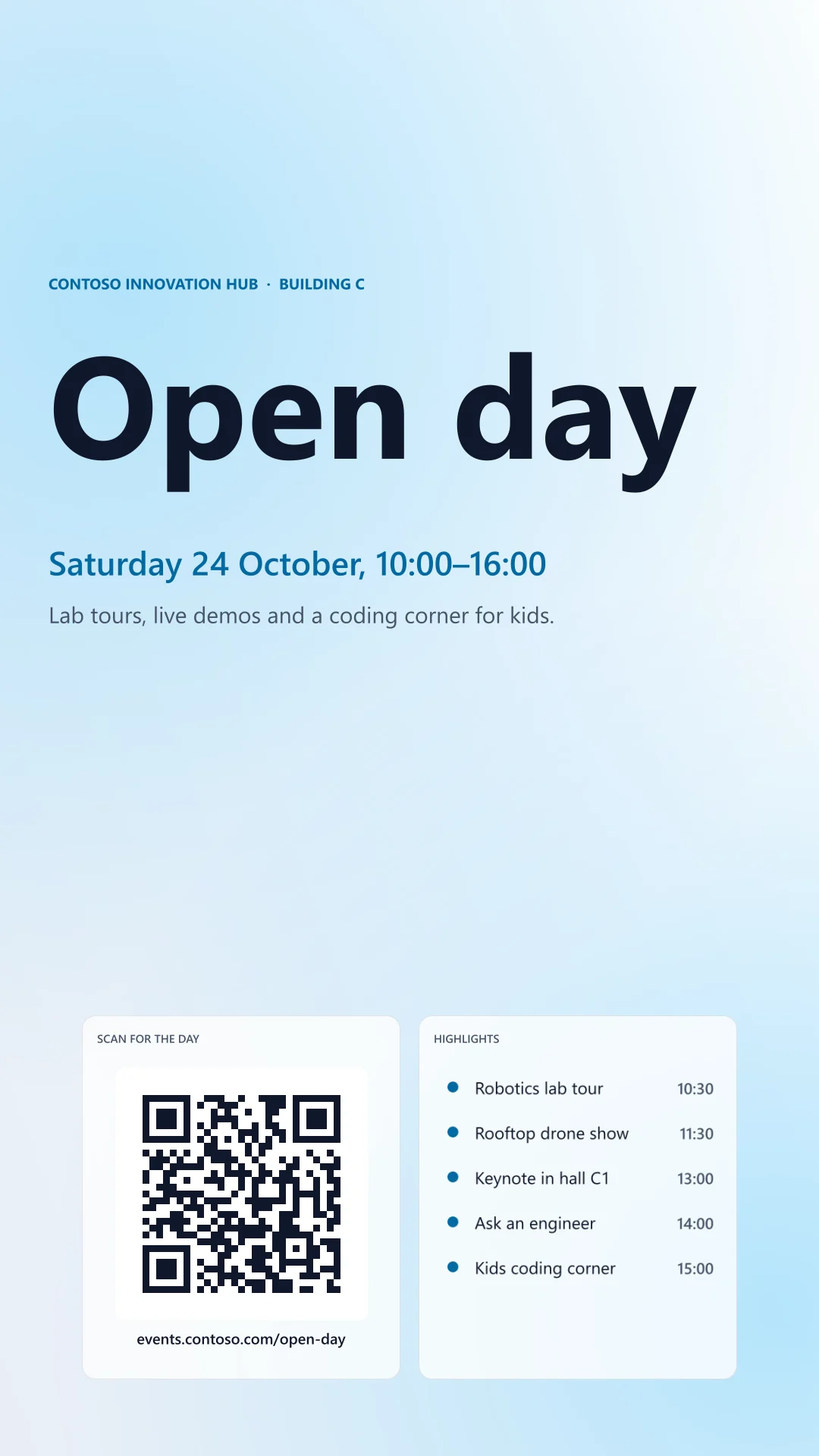 The signage wallpaper at 1080 x 1920: Open day in large type with its date, and the QR code and the highlights in two cards at the foot of the portrait screen.